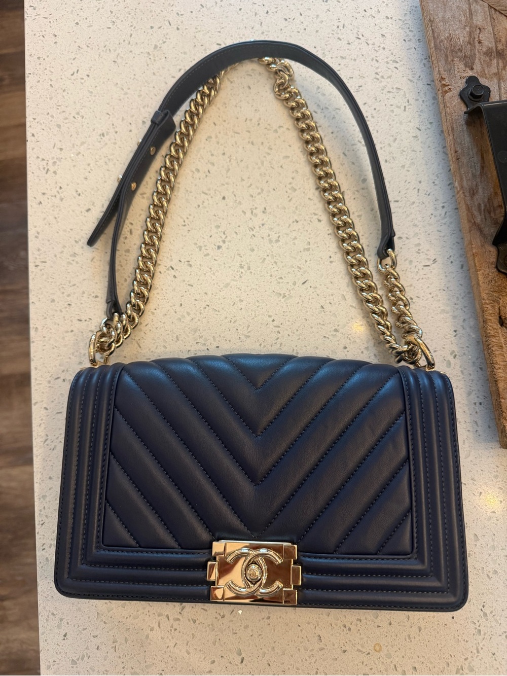 CHANEL Navy Chevron Quilted Boy Flap Bag with Gold Hardware
